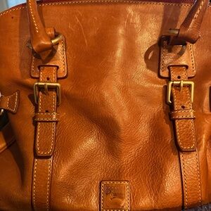 Dooney & Bourke Tan Leather Satchel with Gold Buckle Details
